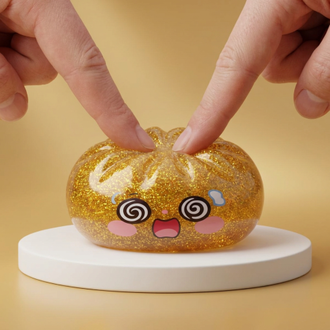 Gold Dumpling Squishy – Lucky Charm Edition being squeezed, soft slow-rise foam