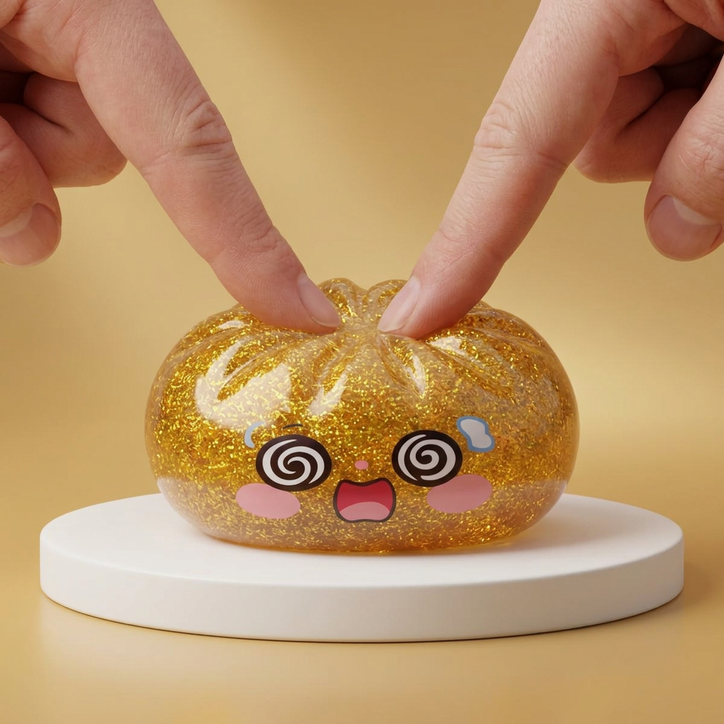 Gold Dumpling Squishy – Lucky Charm Edition being squeezed, soft slow-rise foam