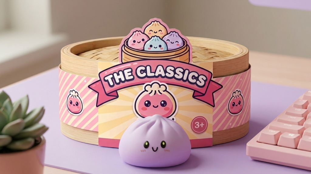Grey & Magenta Dumpling Squishy in its kawaii setting