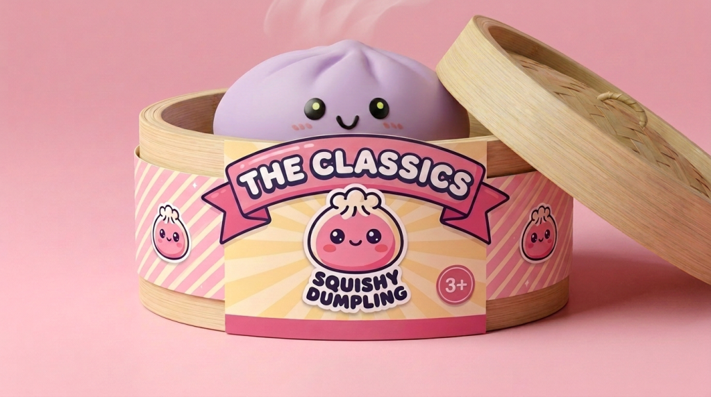 Grey & Magenta Dumpling Squishy in its bamboo steamer box