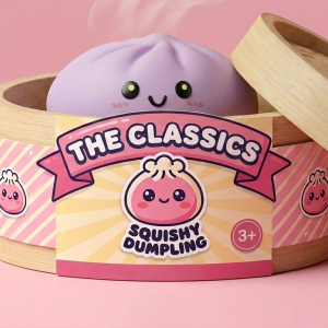 Grey & Magenta Dumpling Squishy in its bamboo steamer box