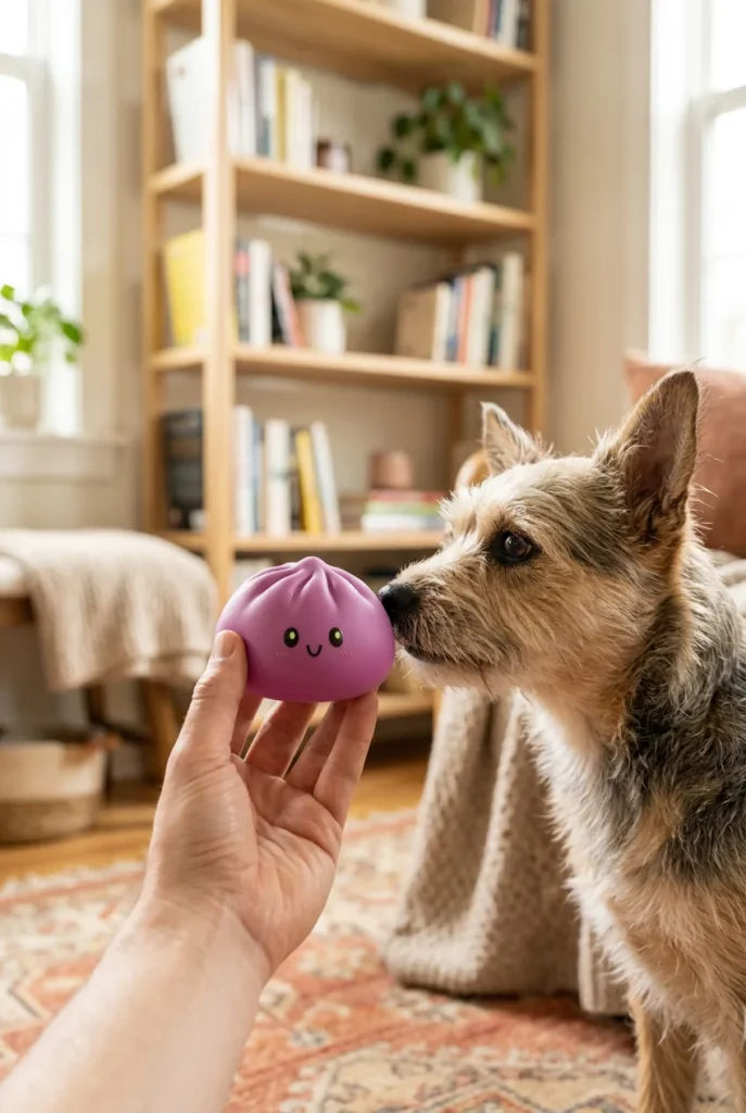 Grey & Magenta Dumpling Squishy with a plush friend