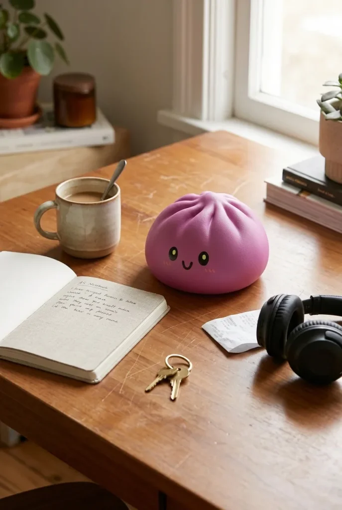 Grey & Magenta Dumpling Squishy on the desk