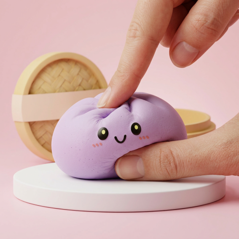 Grey & Magenta Dumpling Squishy being squeezed, soft slow-rise foam