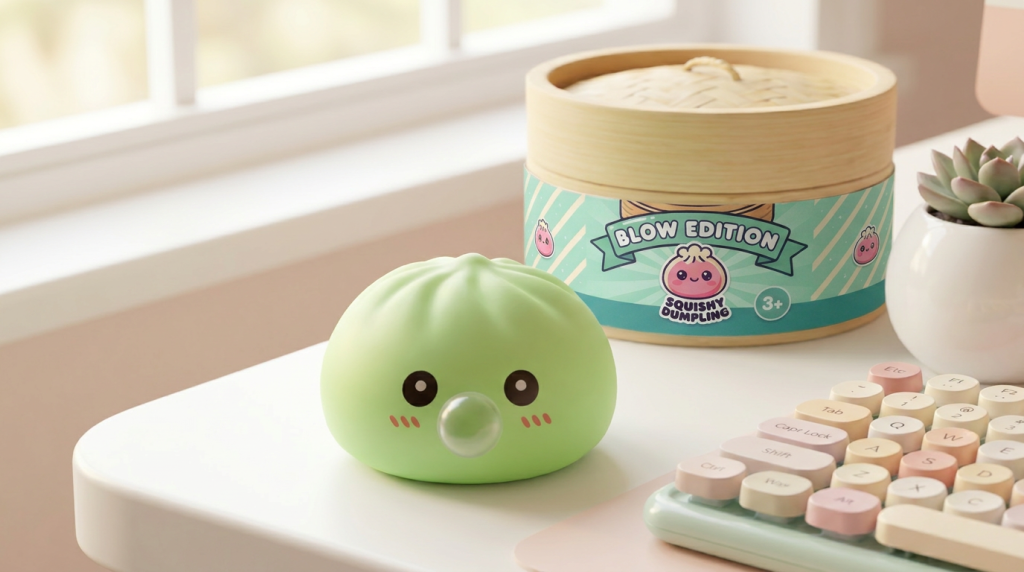 Fresh Green Dumpling Squishy in its kawaii setting