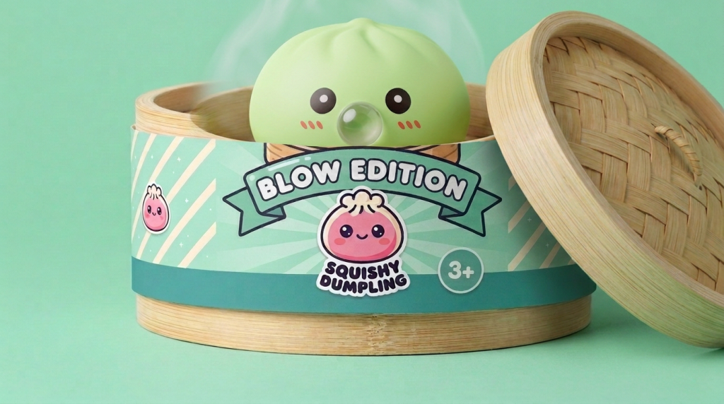 Fresh Green Dumpling Squishy in its bamboo steamer box