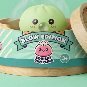 Fresh Green Dumpling Squishy in its bamboo steamer box