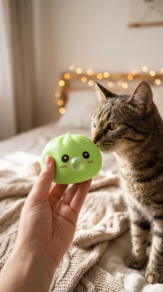 Fresh Green Dumpling Squishy with a plush friend