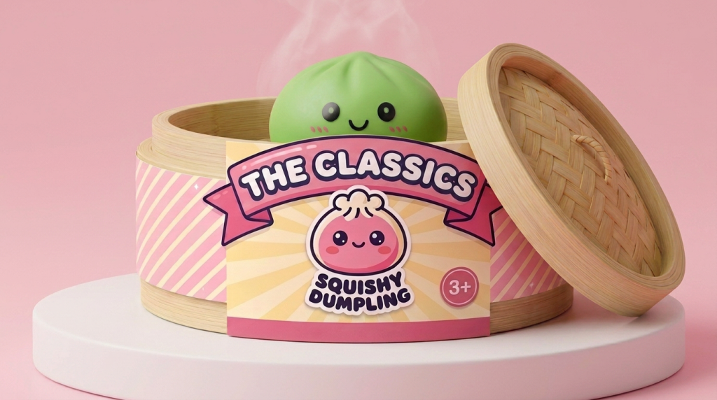 Matcha Green Dumpling Squishy in its bamboo steamer box