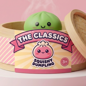 Matcha Green Dumpling Squishy in its bamboo steamer box