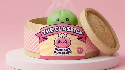 Matcha Green Dumpling Squishy in its bamboo steamer box