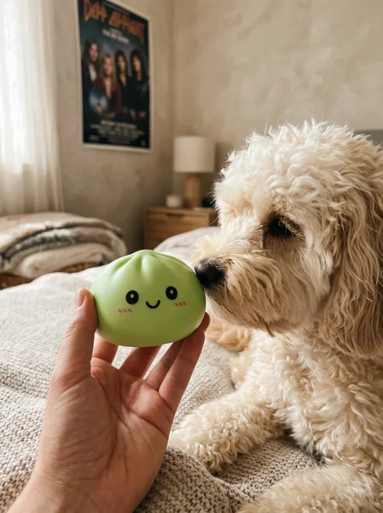 Matcha Green Dumpling Squishy with a plush friend