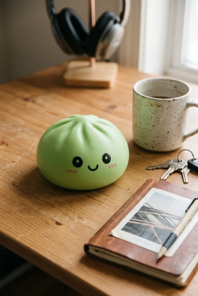Matcha Green Dumpling Squishy on the desk
