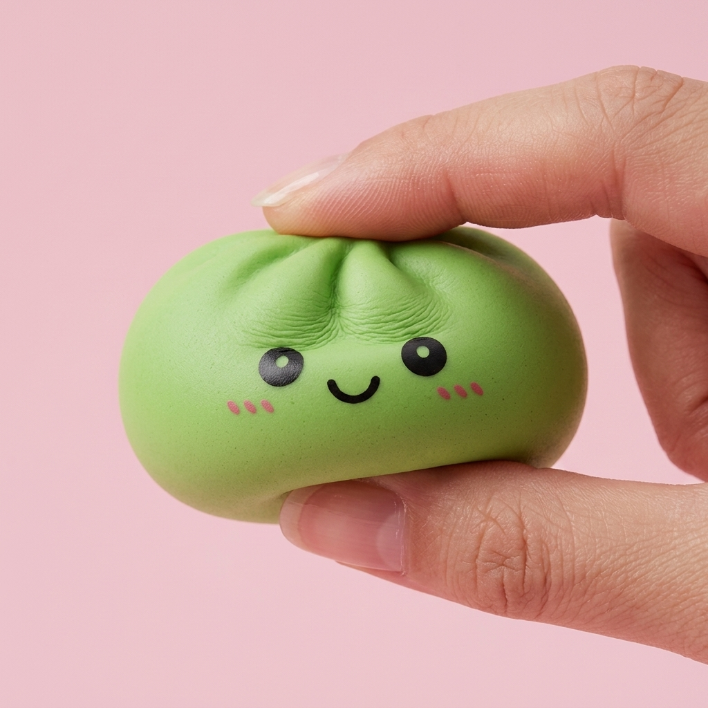 Matcha Green Dumpling Squishy being squeezed, soft slow-rise foam