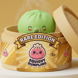 Matcha Green Rare Blow Dumpling Squishy in its bamboo steamer box