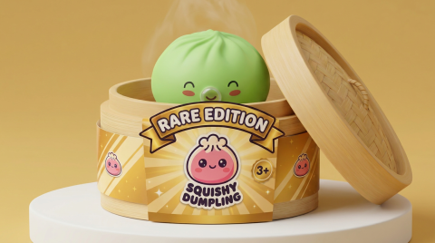 Matcha Green Rare Blow Dumpling Squishy in its bamboo steamer box