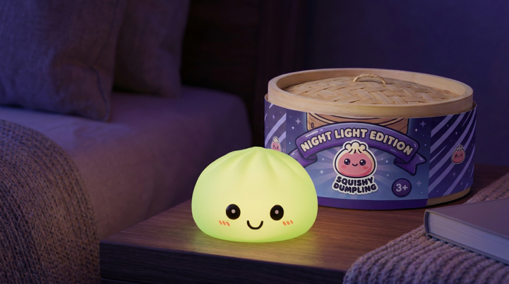 Green Glow Dumpling Squishy Night Light in its kawaii setting