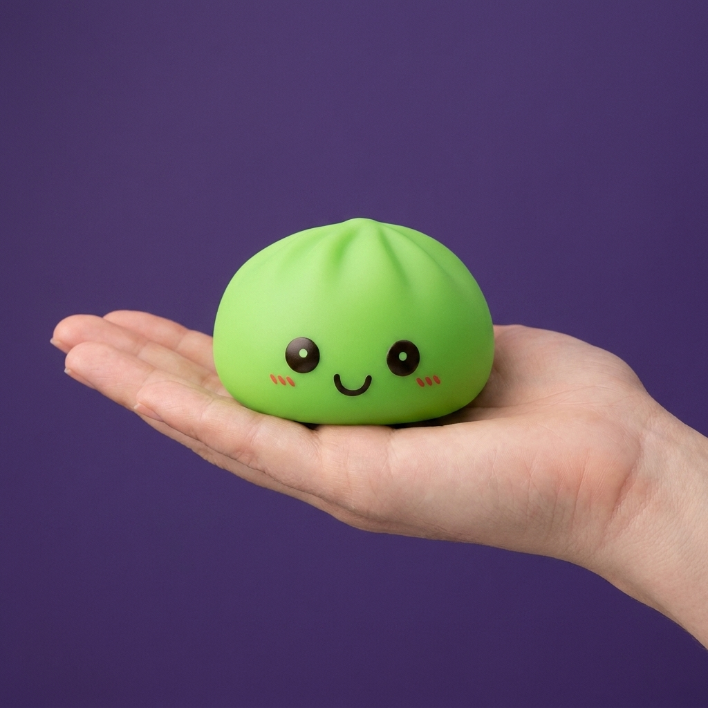 Green Glow Dumpling Squishy Night Light held in hand, actual size