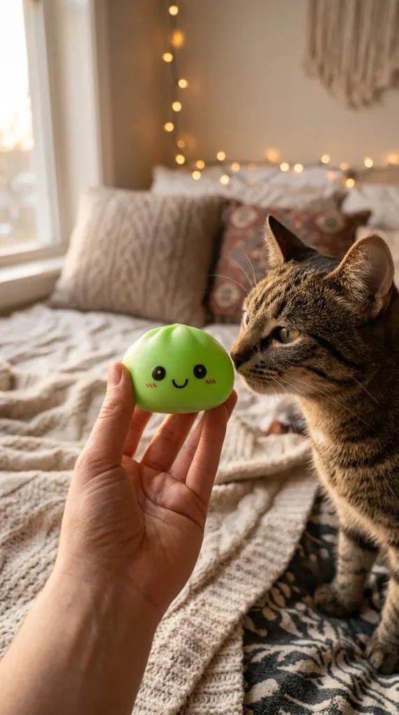 Green Glow Dumpling Squishy Night Light with a plush friend