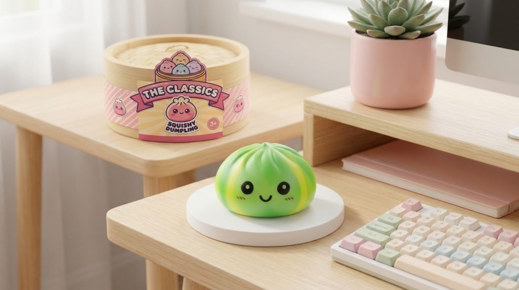 Green Tie Dye Dumpling Squishy in its kawaii setting