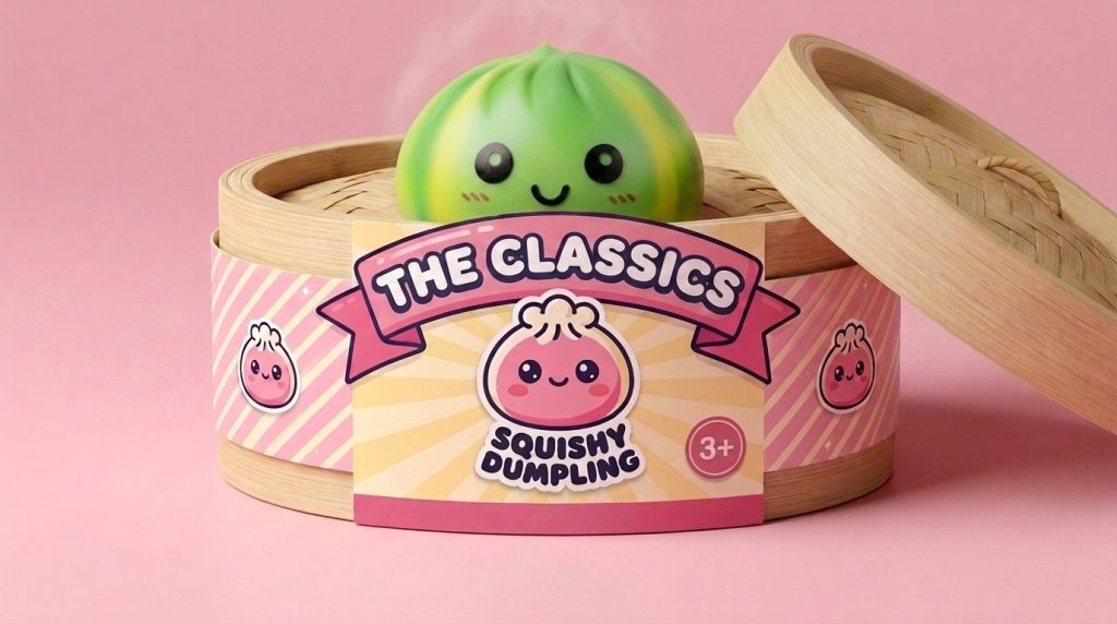 Green Tie Dye Dumpling Squishy in its bamboo steamer box