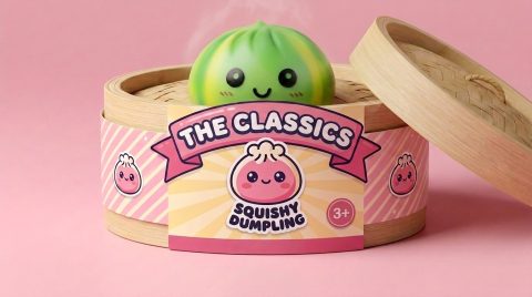 Green Tie Dye Dumpling Squishy in its bamboo steamer box