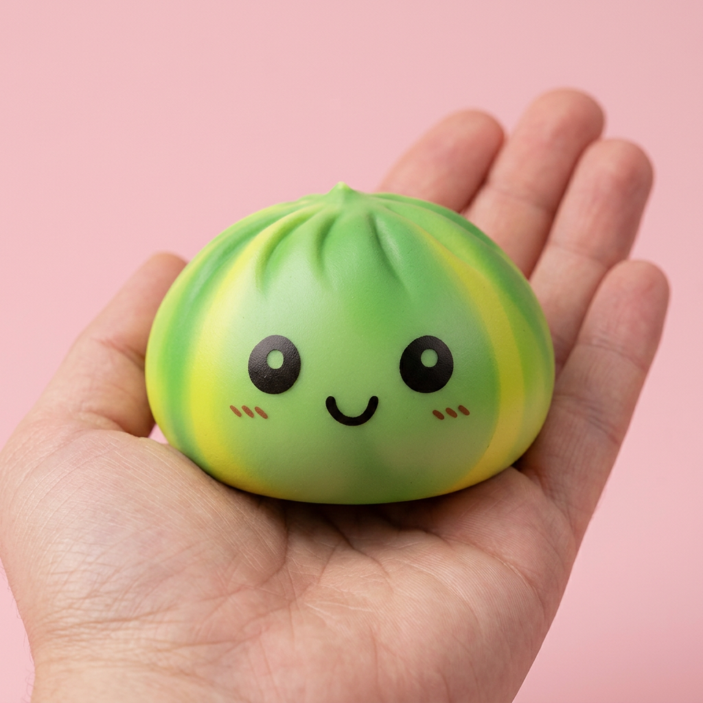 Green Tie Dye Dumpling Squishy held in hand, actual size