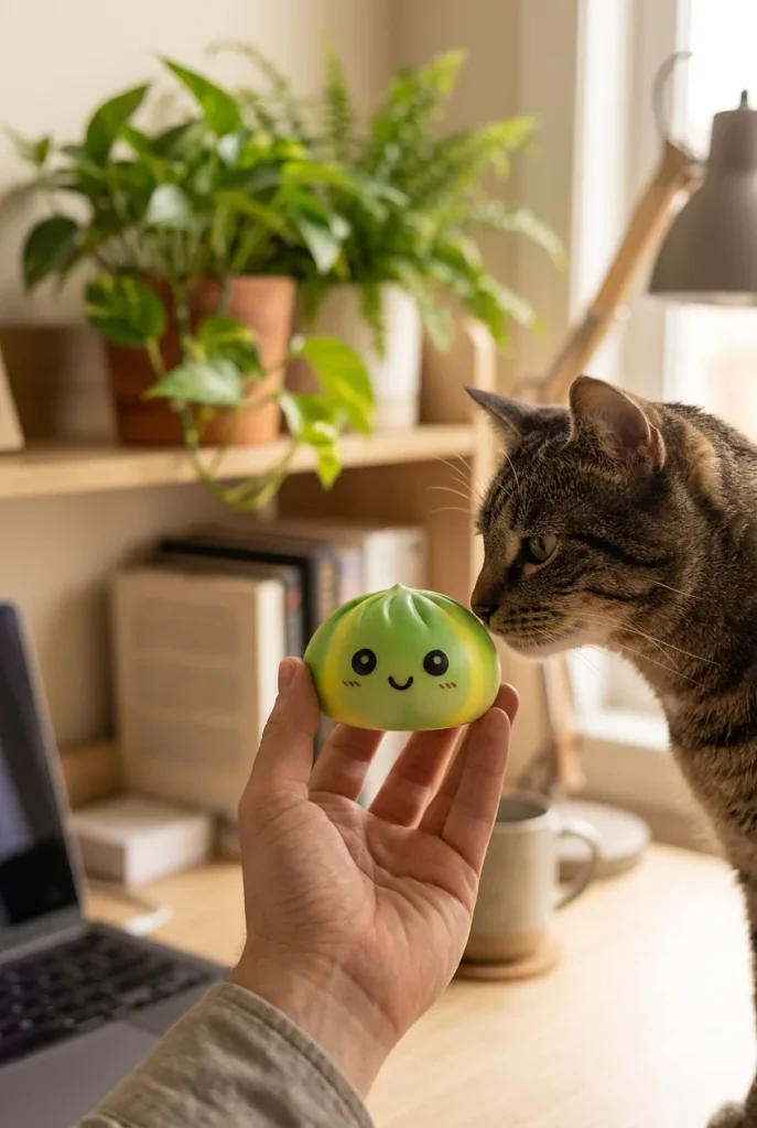 Green Tie Dye Dumpling Squishy with a plush friend