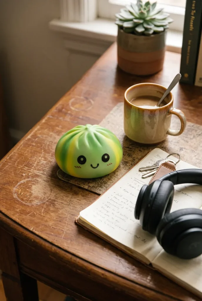 Green Tie Dye Dumpling Squishy on the desk