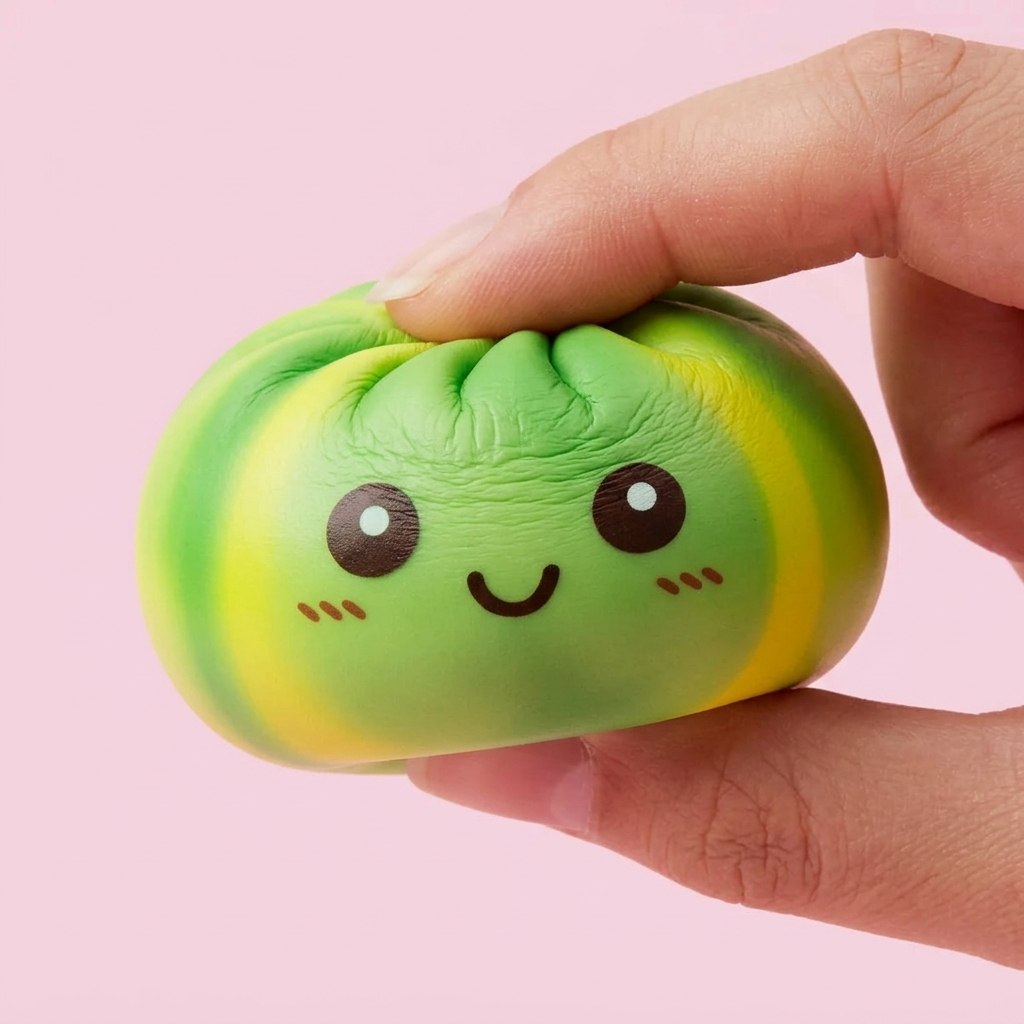 Green Tie Dye Dumpling Squishy being squeezed, soft slow-rise foam