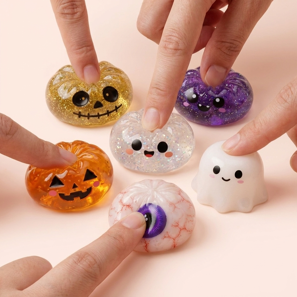 Halloween Dumpling Squishy Set of 5 being squeezed, soft slow-rise foam