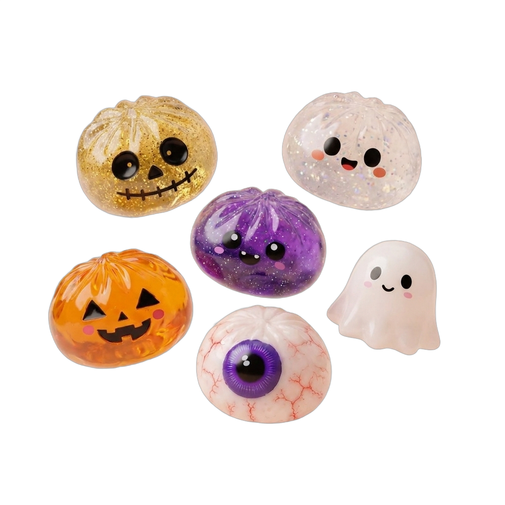 Halloween Dumpling Squishy Set of 5 being squeezed, soft slow-rise foam