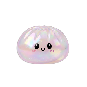 Iridescent Holographic Dumpling Squishy being squeezed, soft slow-rise foam