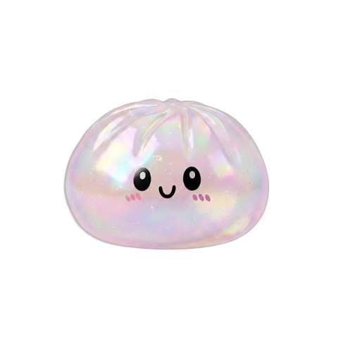 Iridescent Holographic Dumpling Squishy being squeezed, soft slow-rise foam