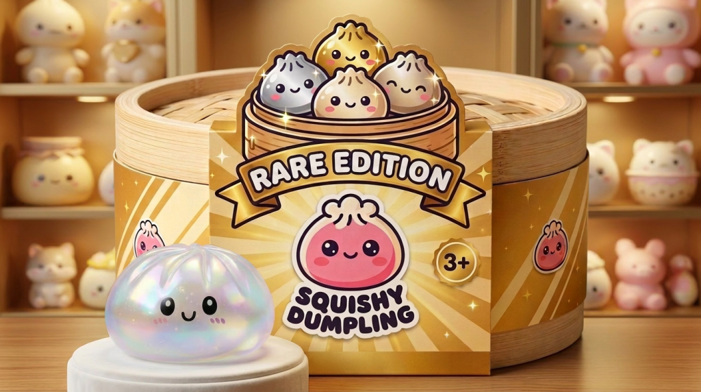 Iridescent Holographic Dumpling Squishy in its kawaii setting