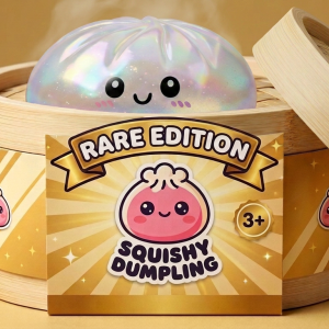 Iridescent Holographic Dumpling Squishy in its bamboo steamer box