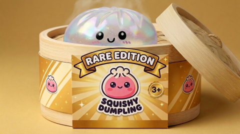 Iridescent Holographic Dumpling Squishy in its bamboo steamer box