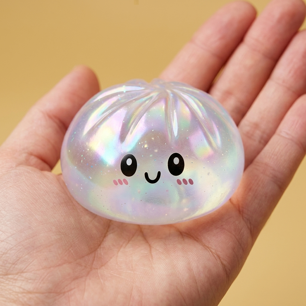 Iridescent Holographic Dumpling Squishy held in hand, actual size