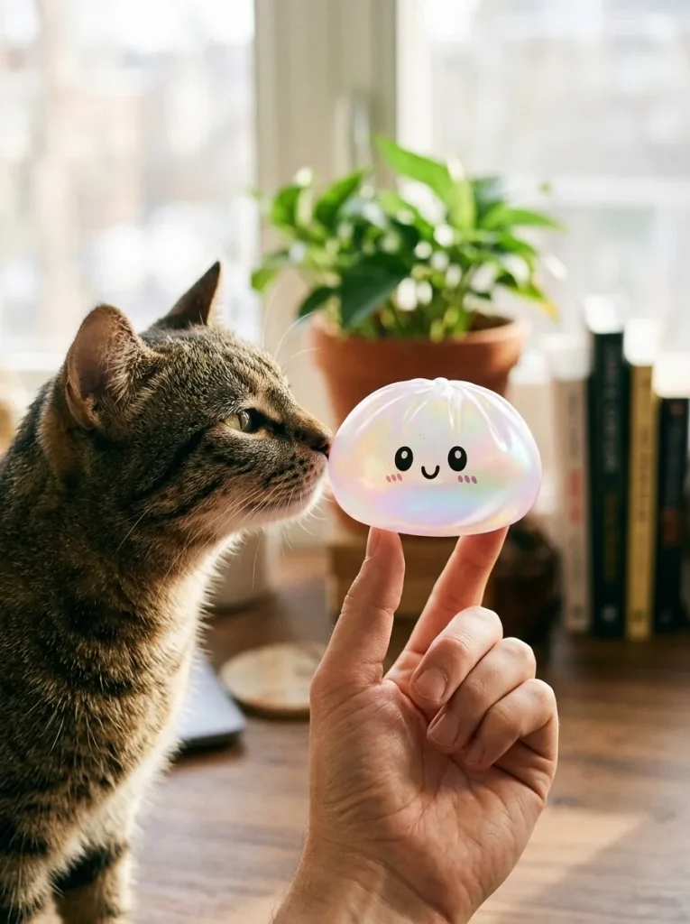 Iridescent Holographic Dumpling Squishy with a plush friend