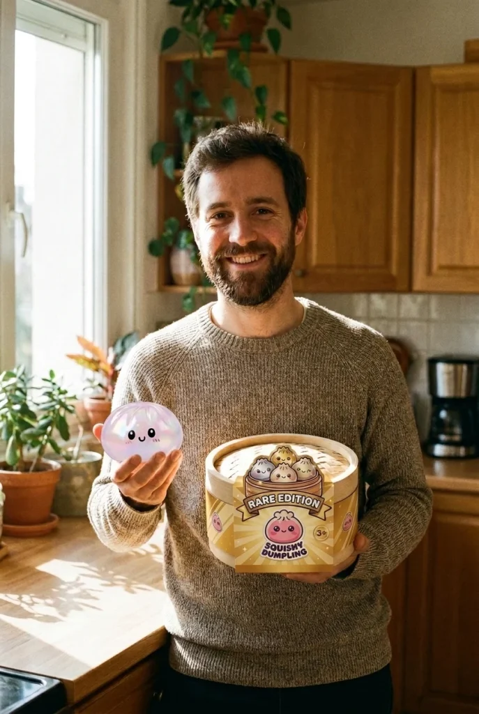 Iridescent Holographic Dumpling Squishy with its box