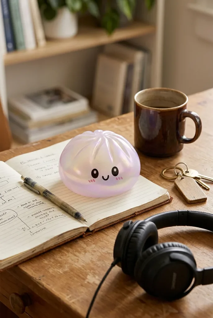 Iridescent Holographic Dumpling Squishy on the desk