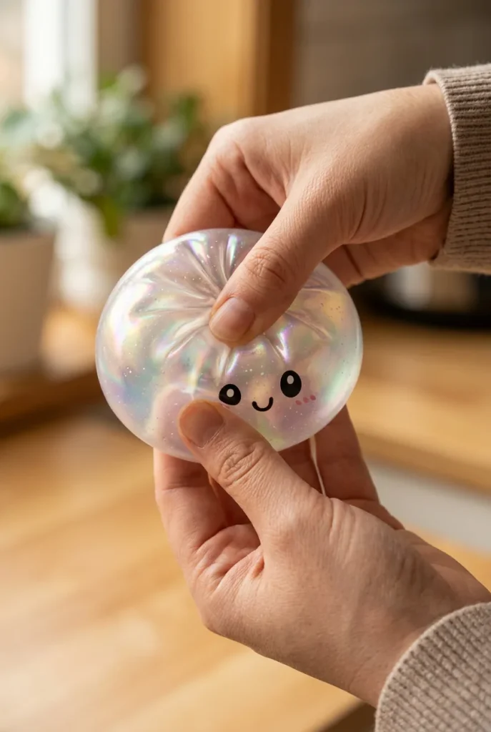 Iridescent Holographic Dumpling Squishy mid-squish