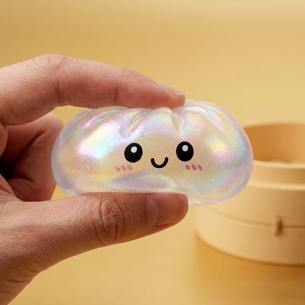 Iridescent Holographic Dumpling Squishy — slow-rise effect, the foam springs back slowly