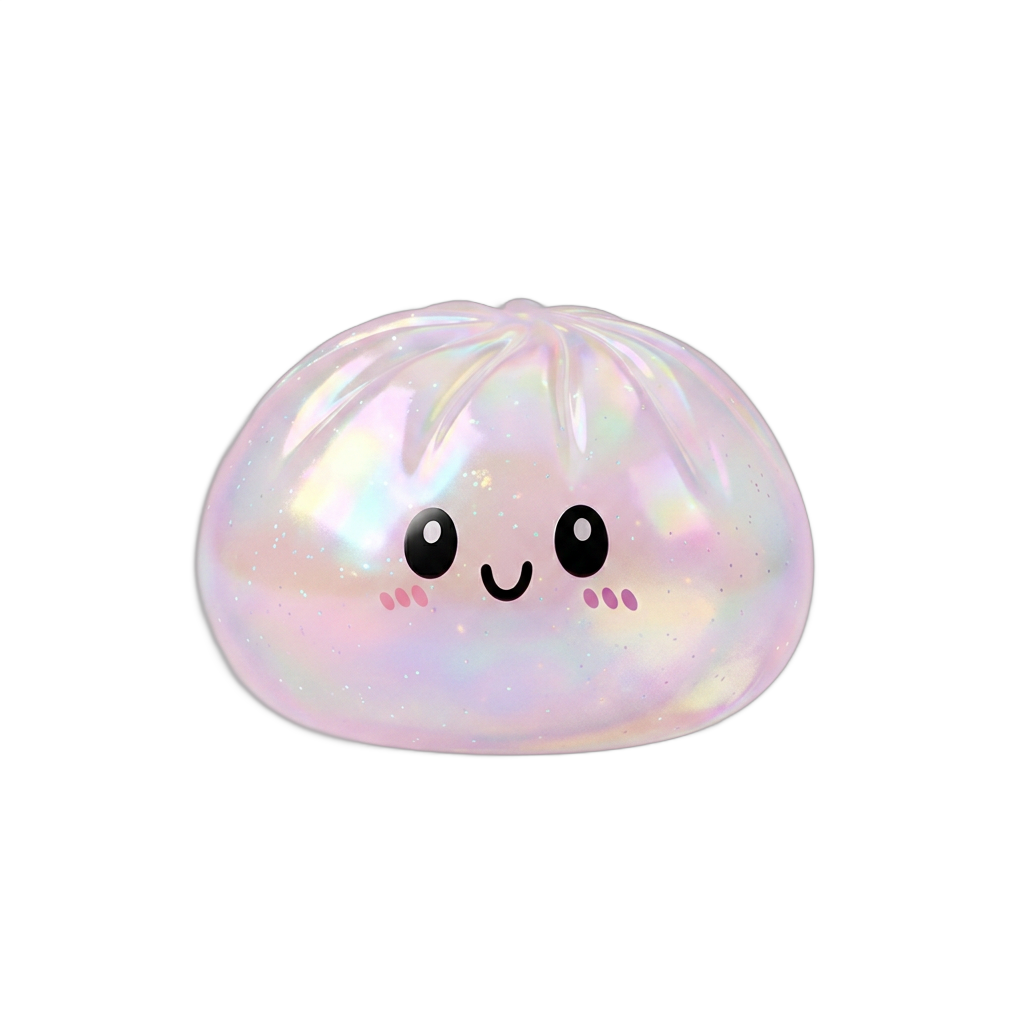 Iridescent Holographic Dumpling Squishy being squeezed, soft slow-rise foam