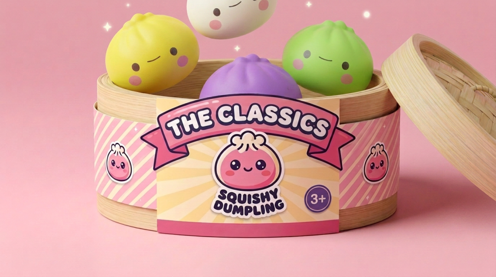 Mystery Dumpling Squishy Blind Box – Set of 12 being squeezed, soft slow-rise foam