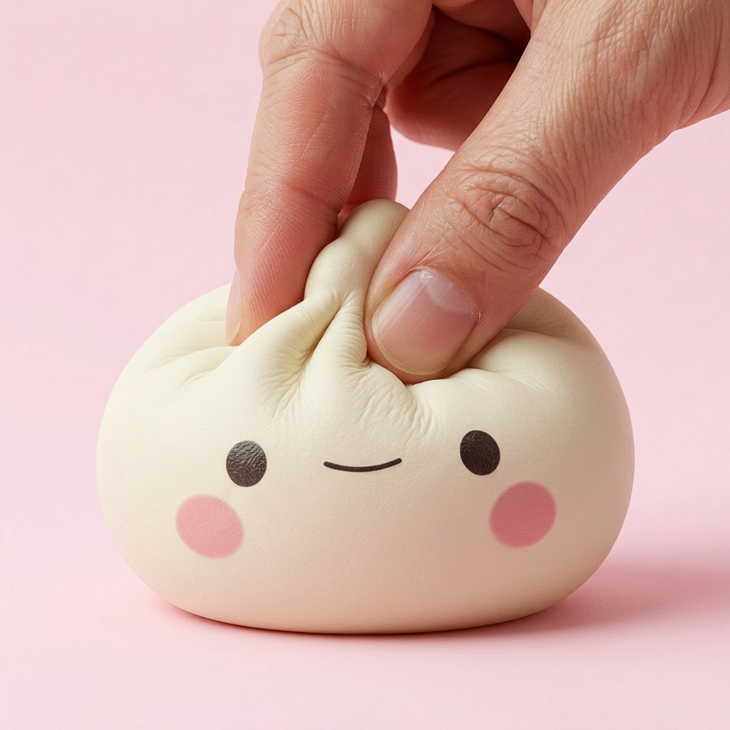 Mystery Dumpling Squishy Blind Box – Set of 12 being squeezed, soft slow-rise foam