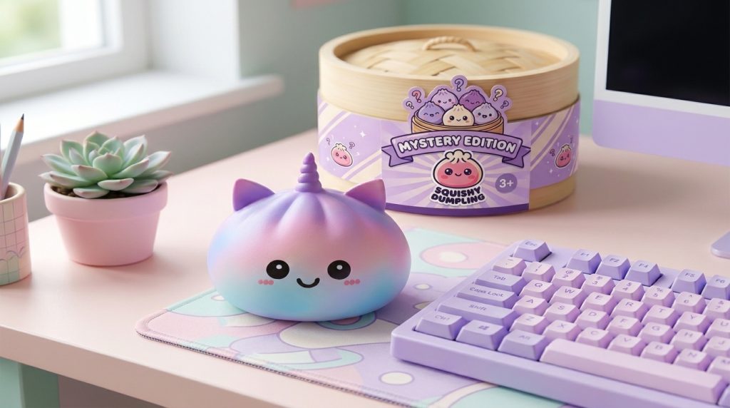 Jumbo Unicorn Rainbow Dumpling Squishy in its kawaii setting