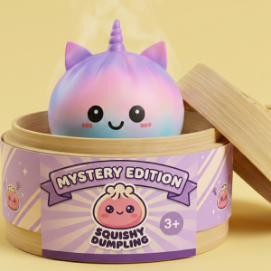 Jumbo Unicorn Rainbow Dumpling Squishy in its bamboo steamer box