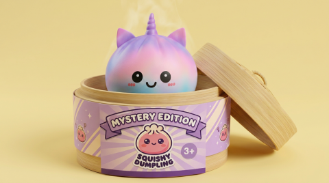 Jumbo Unicorn Rainbow Dumpling Squishy in its bamboo steamer box