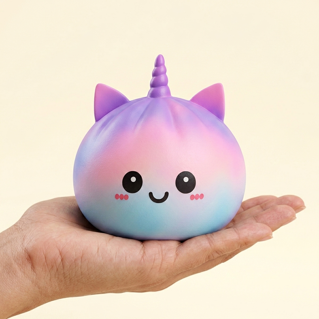 Jumbo Unicorn Rainbow Dumpling Squishy held in hand, actual size